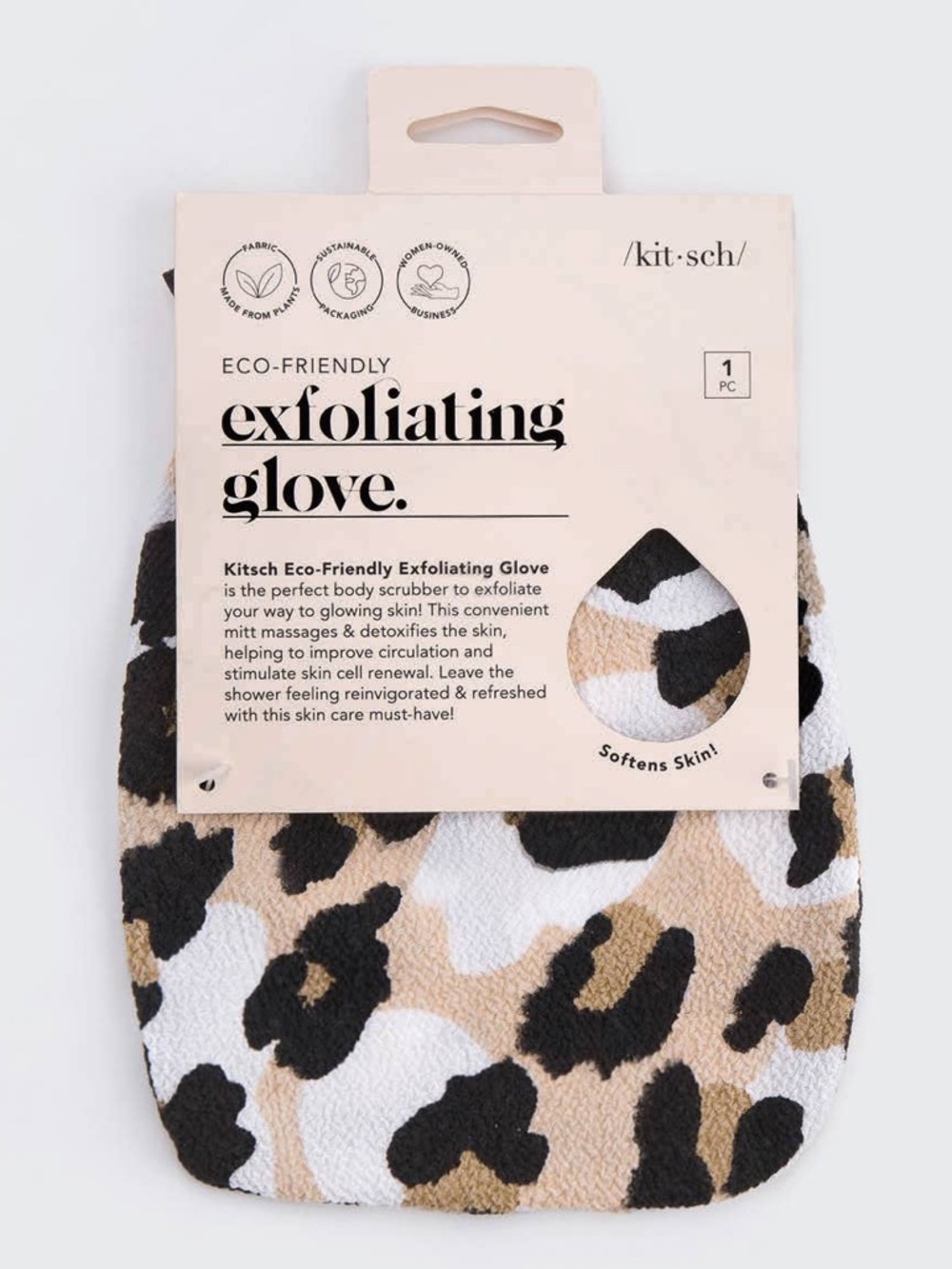 NWT Kitsch Eco-Friendly Leopard Print Exfoliating Glove in Beige, Black & White